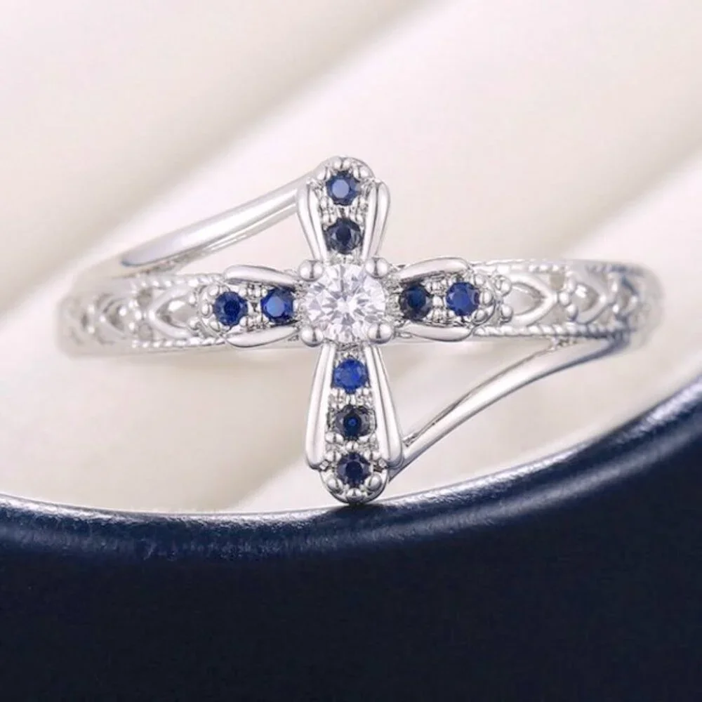 New Beautiful 925 Silver Sim. Blue Sapphire Diamond Ring